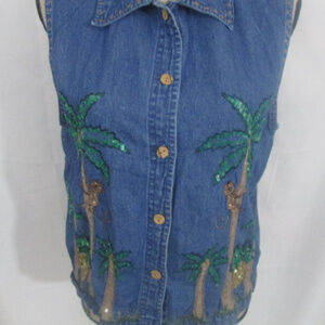 Denim Shirt With Pineapples and Monkeys Tropical